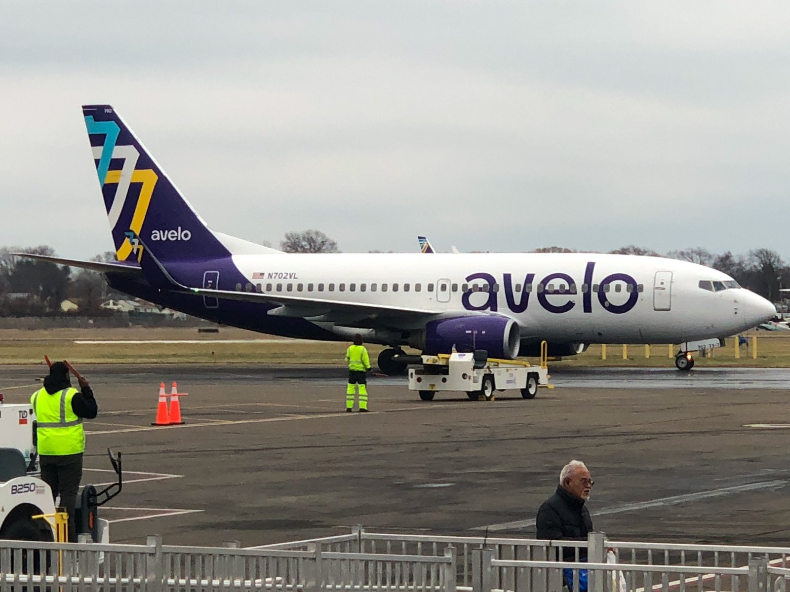 An Avelo Airlines jet on the apron at Tweed-New Haven Airport