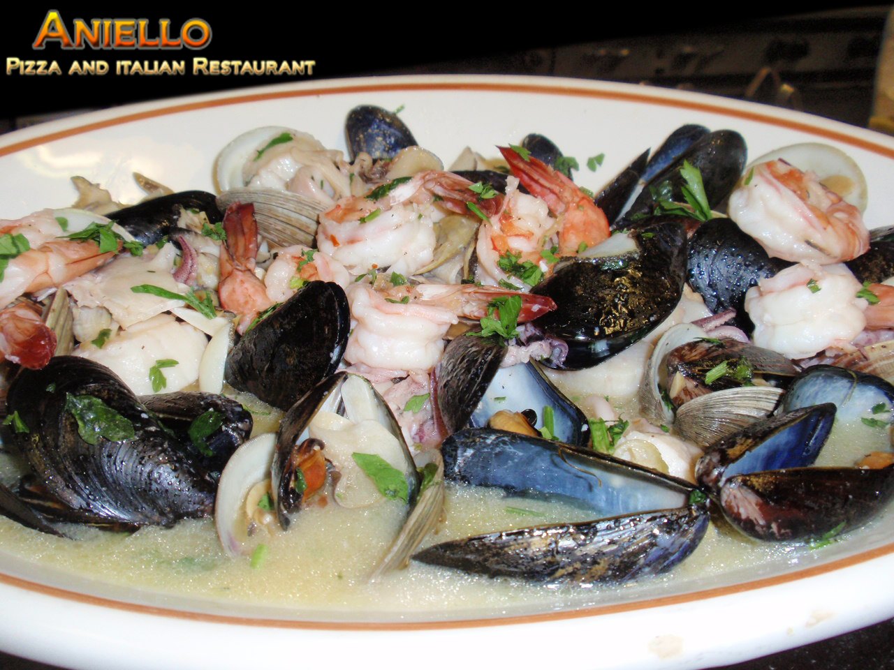 Mussels, clams and shrimp in broth at Aniello's